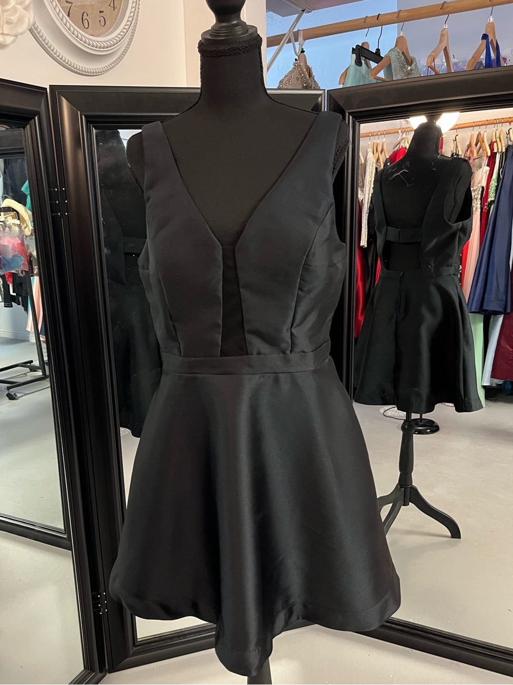Xtraordinary Black Satin V-Neck Fit & Flare Prom Dress